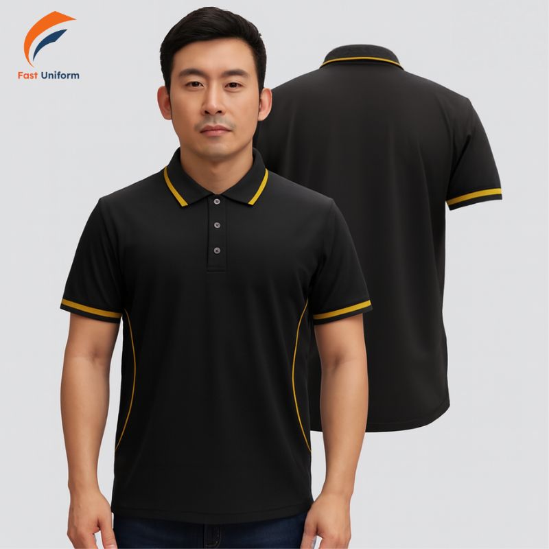 Chất liệu may áo polo đồng phục đen phối vàng