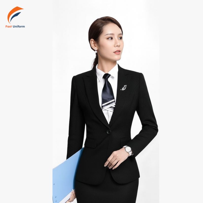 Đồng phục lễ tân nữ vest đen tôn lên hình ảnh sang trọng, đẳng cấp của doanh nghiệp