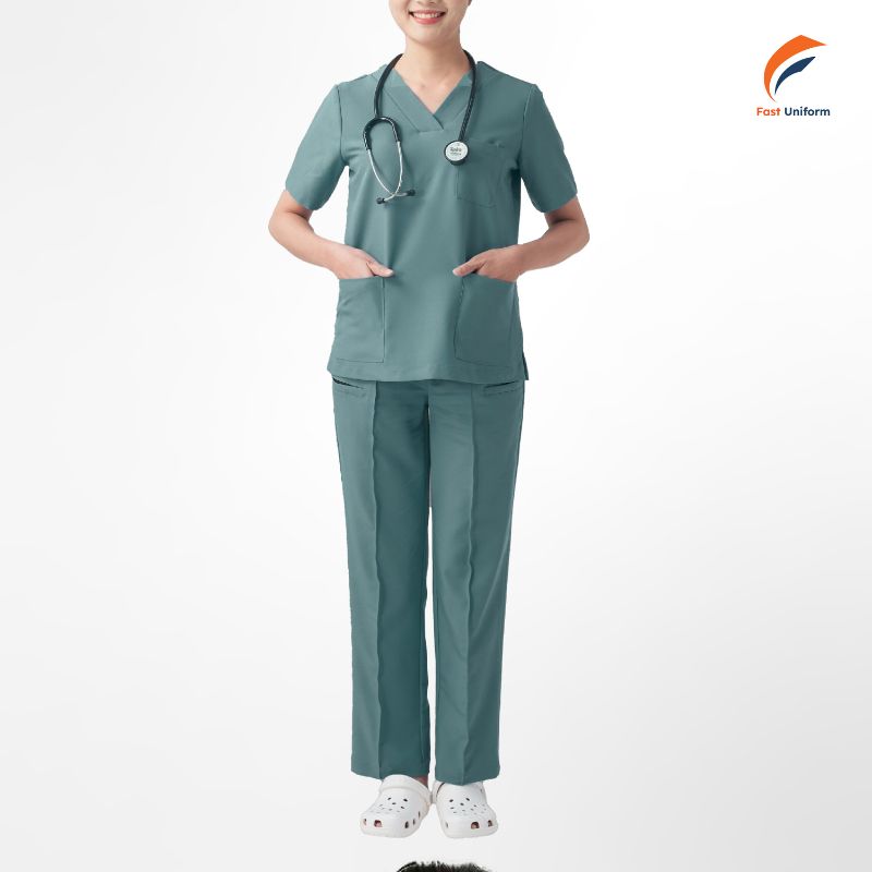Đồng phục scrubs xanh teal hiện đại, dịu mắt, tạo cảm giác chuyên nghiệp và thân thiện