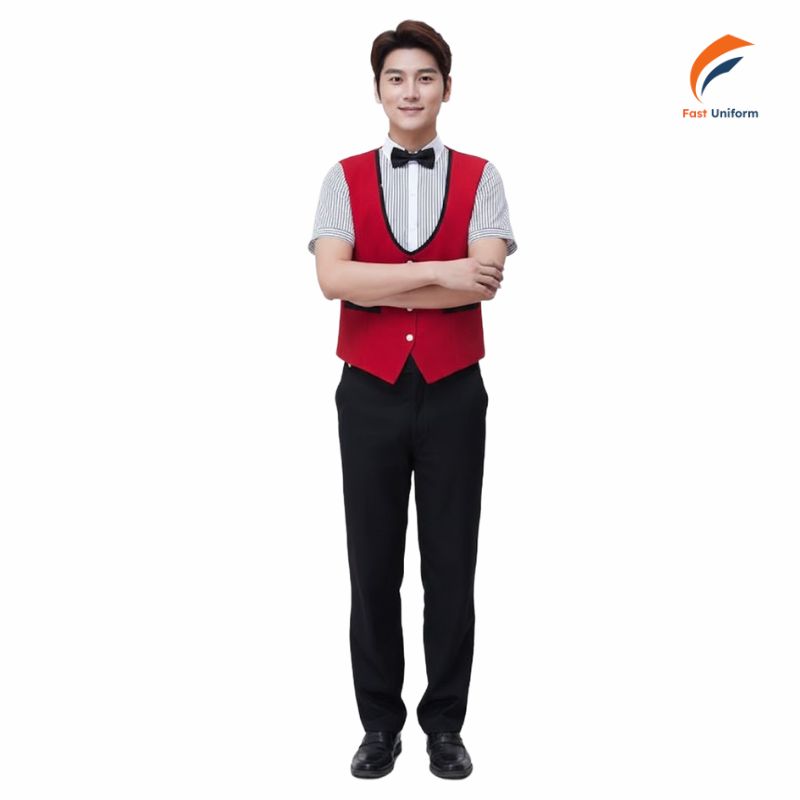 Chi phí may đồng phục phục vụ sơ mi sọc gile đỏ phụ thuộc vào chất liệu, thiết kế, số lượng hay yêu cầu kỹ thuật riêng