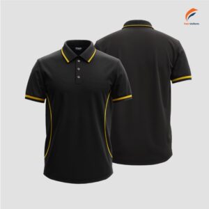 Áo polo đồng phục đen phối vàng nổi bật, ứng dụng đa dạng