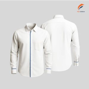 Áo sơ mi công sở trắng viền xanh thiết kế tối giản, màu sắc nhã nhặn