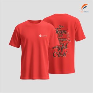 Áo thun đồng phục cổ tròn đỏ in họa tiết
