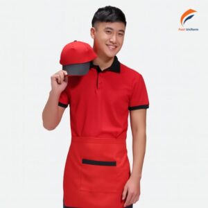 Chi phí may đồng phục phục vụ đỏ phối đen phụ thuộc vào chất liệu vải, số lượng đặt may, kiểu dáng thiết kế và yêu cầu in thêu logo của từng đơn vị