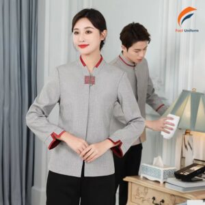 Chi phí may mẫu đồng phục tổ phòng màu xám phối viền đỏ linh hoạt, phụ thuộc vào nhiều yếu tố cấu thành
