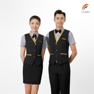 Đồng phục lễ tân gile sơ mi kẻ sọc tạo nên tổng thể chuyên nghiệp