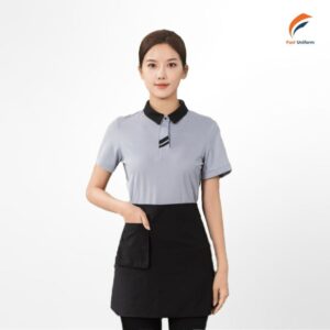 Đồng phục phục vụ polo xám tạp dề đen lịch sự, hiện đại