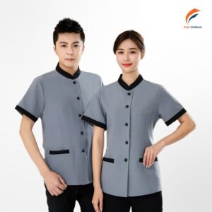 Mẫu đồng phục tổ phòng xám đậm phối đen được ưa chuộng trong ngành khách sạn, resort, nhà hàng cao cấp