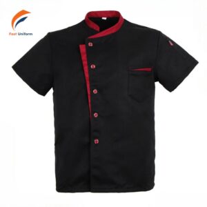 Fast Uniform may áo đồng phục bếp đen phối đỏ chuẩn form, vừa vặn với nhiều dáng người