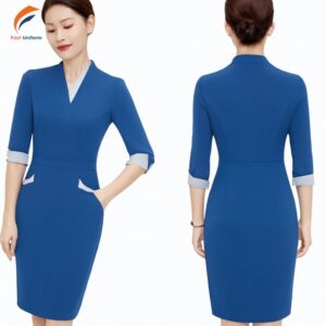 Fast Uniform - Đối tác may đồng phục lễ tân nữ xanh dương phối xám uy tín