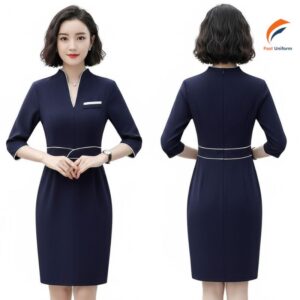 May đồng phục lễ tân nữ xanh than cổ V cần được đầu tư kỹ ngay từ khâu lựa chọn chất liệu, thiết kế đến quy trình hoàn thiện