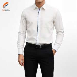 Áo sơ mi công sở trắng viền xanh thiết kế tối giản, nhã nhặn