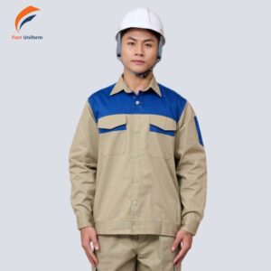 Đồng phục bảo hộ kaki phối xanh dương kiểu dáng hiện đại, màu sắc hài hòa