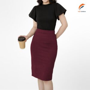 Chân váy bút chì đỏ mận tôn dáng chuẩn, ôm eo hông tinh tế, sang trọng