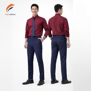 May quần tây nam xanh tím than nên chọn tông navy đậm, nếp ly chuẩn và phụ liệu đồng màu