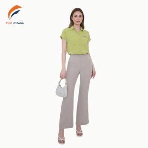 May quần tây nữ ống loe be nhạt cần chuẩn vải, form dáng và độ dài