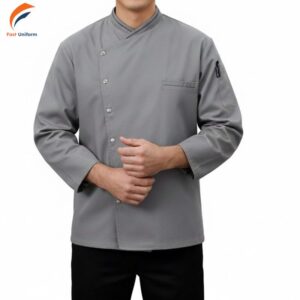 Áo bếp đồng phục xám vạt chéo trung tính giúp duy trì diện mạo sạch sẽ, chỉn chu
