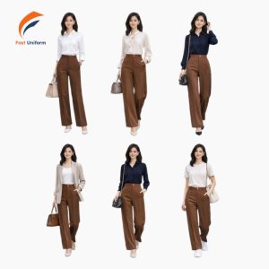 Phối quần tây nâu ống suông với sơ mi trắng, áo màu kem, blazer, áo len hoặc áo kẻ sọc