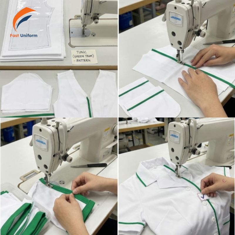 Quy trình may gồm tư vấn, chọn vải, thiết kế, sản xuất và kiểm tra chất lượng nghiêm ngặt