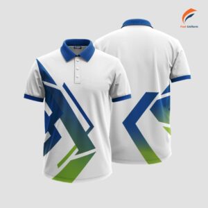 Áo polo trắng viền xanh họa tiết thiết kế sáng tạo, hiện đại và chuyên nghiệp