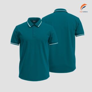 Áo polo xanh teal phối trắng hiện đại, thoáng mát, tôn dáng, chuẩn đồng phục