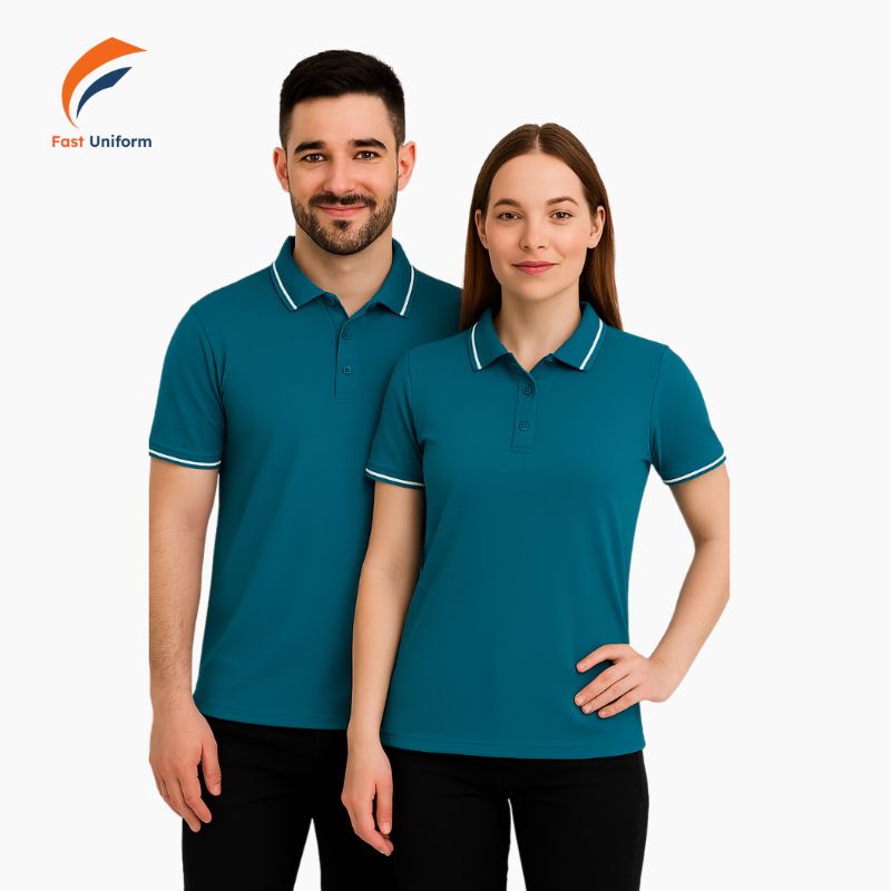 Fast Uniform may áo polo đồng phục xanh teal phối trắng giá tốt, cam kết chất lượng