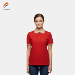 Fast Uniform sản xuất áo polo đỏ phối be theo quy trình khép kín, ứng dụng công nghệ hiện đại