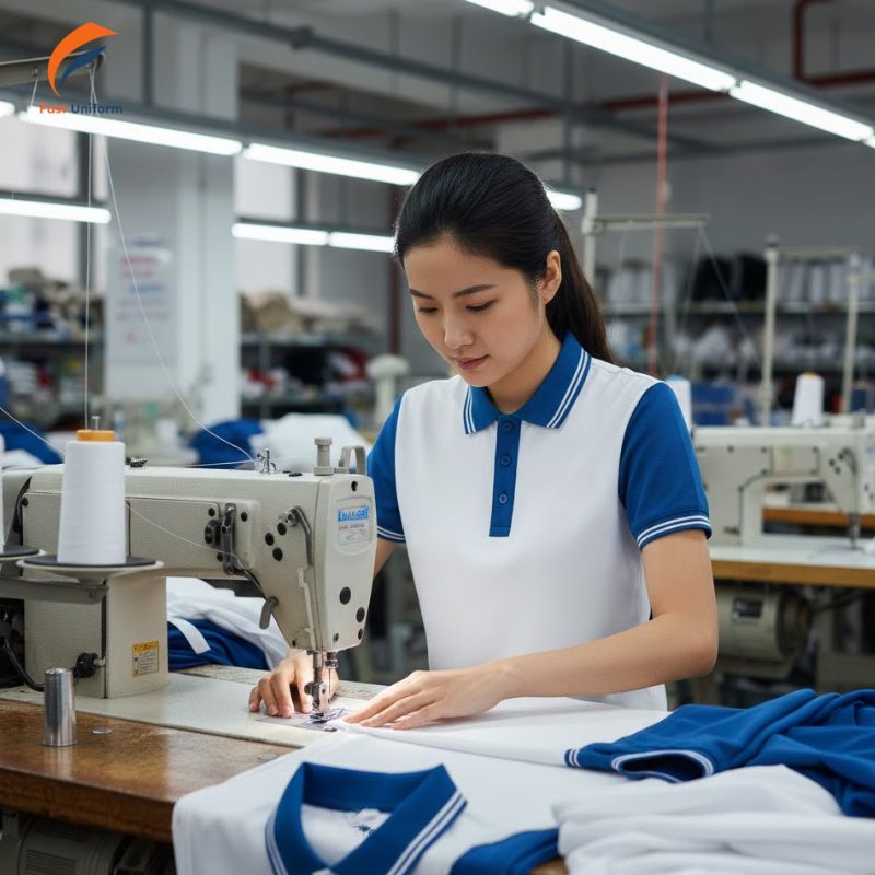 Quy trình may áo polo đồng phục trắng phối xanh