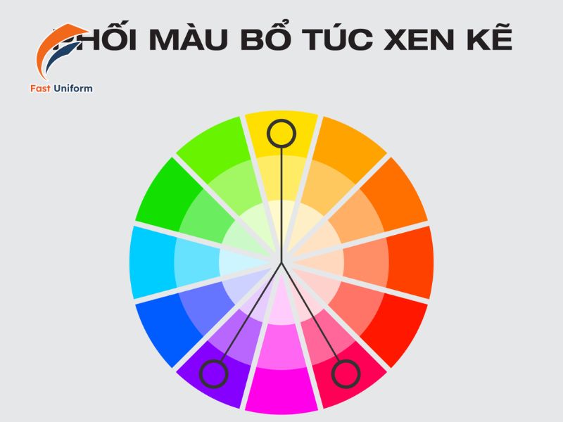 Phối màu bổ túc xen kẽ dùng 3 màu theo tam giác cân, cân bằng giữa nổi bật và hài hòa
