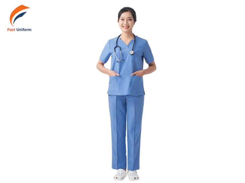 Đồng phục y tá cổ chữ V thoáng mát, gọn gàng, dễ vận động