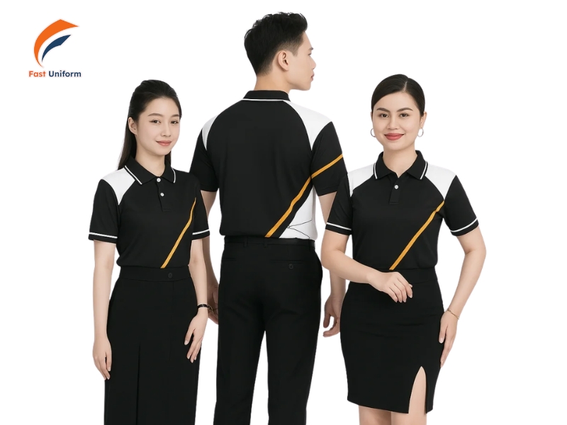 Thiết kế áo đồng phục màu đen cần hài hòa giữa logo, chất liệu và kiểu dáng