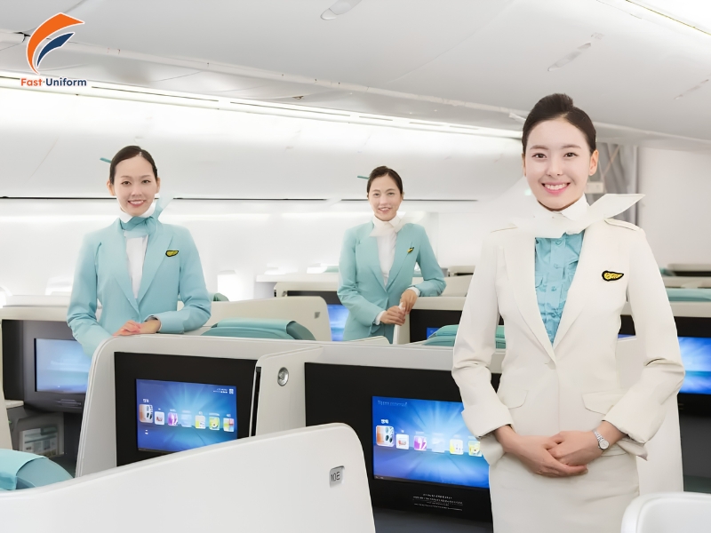 Đồng phục Korean Air thanh lịch với sắc xanh pastel, kết hợp nét đẹp truyền thống Hàn Quốc