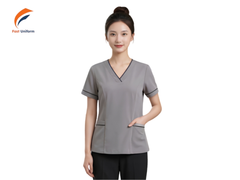 Fast Uniform may đồng phục spa màu xám theo yêu cầu, chỉn chu và phù hợp nhận diện thương hiệu