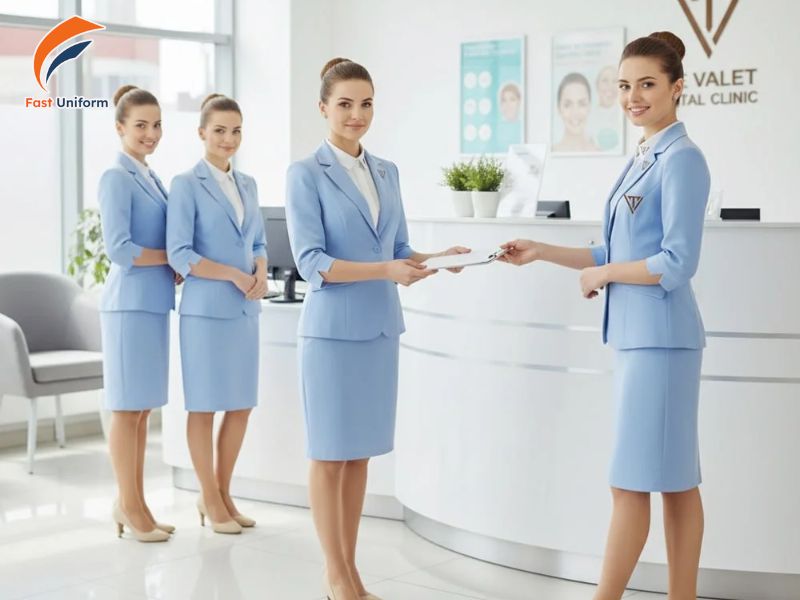 Blazer nữ phối chân váy thanh lịch, chuyên nghiệp, phù hợp phong cách nha khoa hiện đại