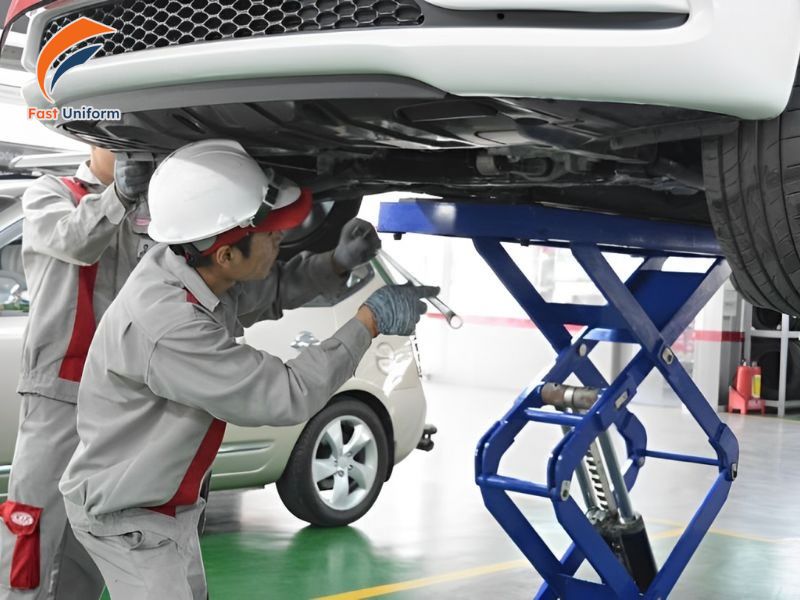Áo kỹ thuật viên ô tô tay dài kín đáo, phối màu hài hòa và logo rõ nét